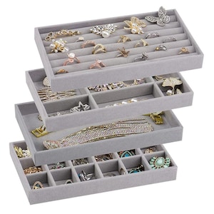 Bandeja de terciopelo para joyería, caja organizadora apilable para anillos, pendientes, pulseras y collares. Bandeja expositora para tiendas.