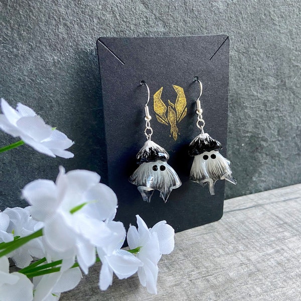 Mushroom Ghost Drop Earrings, Made To Order 3D Shrinky Dink Jewelry, Custom Dangle Shrink Plastic Earrings