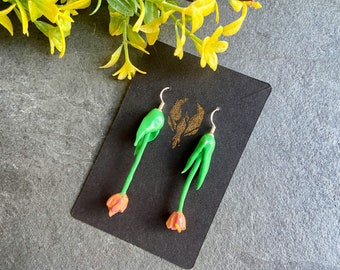 Peach & Yellow Tulip Drop Earrings, Minimalist Polymer Clay Jewelry, Custom Dangle Flower Earrings
