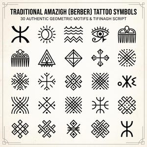 Könnte beinhalten: Eine Sammlung von 30 schwarzen geometrischen Symbolen und Tifinagh-Schriftzeichen in einem Raster. Der Text oben lautet TRADITIONAL AMAZIGH (BERBER) TATTOO SYMBOLS 30 AUTHENTIC GEOMETRIC MOTIFS & TIFINAGH SCRIPT auf hellem Hintergrund.