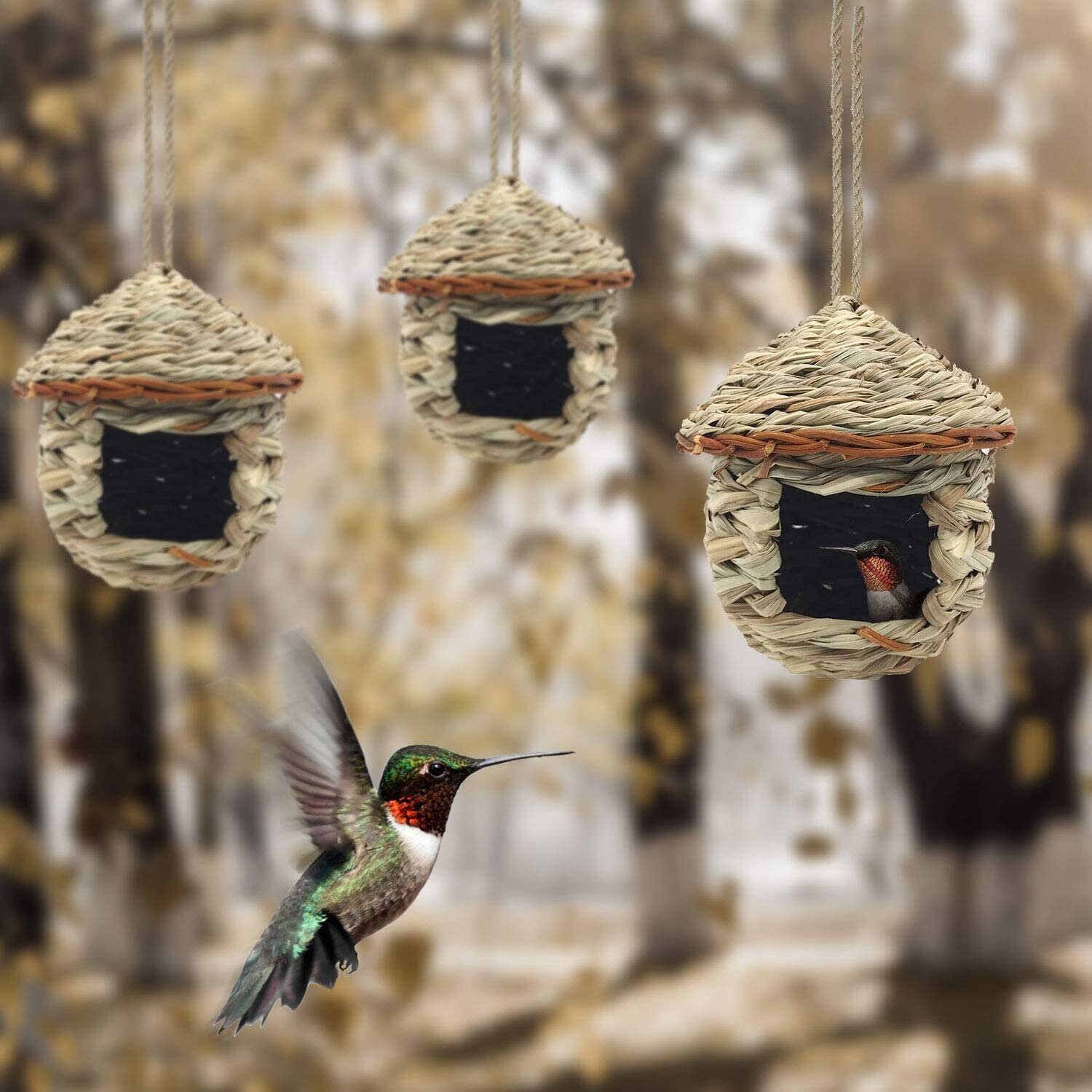 Mofunny 3 Pack Bird Nest Hand Woven Hanging Hummingbird House Outside Roosting 