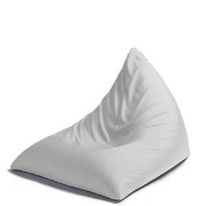 May include: A white beanbag chair with a triangular shape. The chair is made of a soft, plush fabric and has a relaxed, comfortable look.