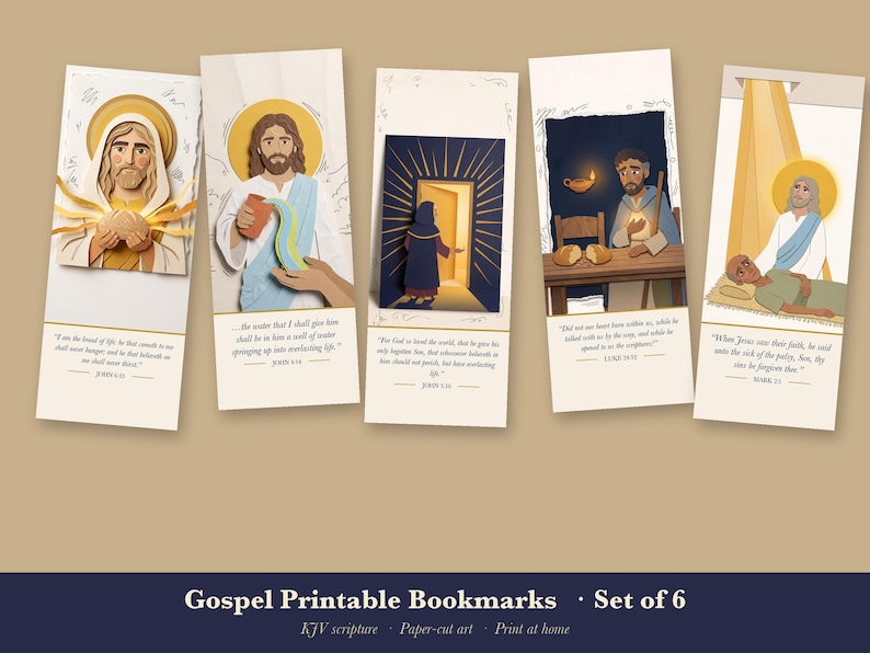Printable Bookmarks Set of 6, Christian Bible Verse Bookmarks, Jesus Scripture Bookmark, KJV Paper Collage Art, Instant Download image 1