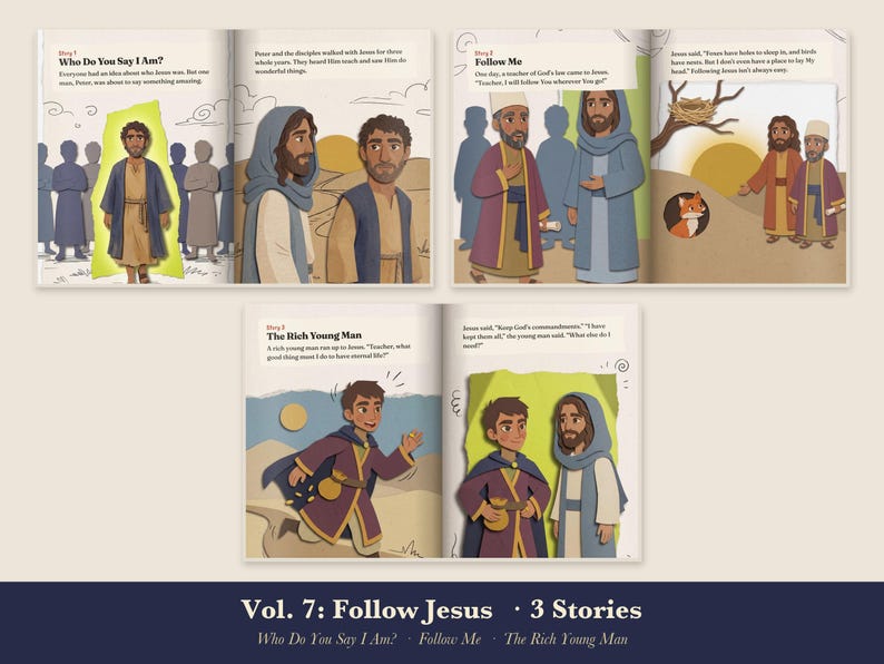 Follow Jesus Kids Bible Story Book Printable, Peter's Confession, Rich Young Ruler Read Aloud PDF, Sunday School, Come Meet Jesus Vol 7 image 3