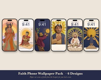 Puede incluir: Una colección digital de seis fondos de pantalla para smartphone con ilustraciones de escenas bíblicas en estilo de papel recortado. Cada pantalla muestra una narrativa religiosa con texturas en capas y el texto Faith Phone Wallpaper Pack.