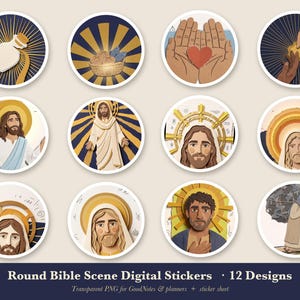 Christian Digital Stickers GoodNotes, 12 Round Bible Scene Planner Stickers, Jesus Faith Journal PNG, Transparent, Instant Download image 1