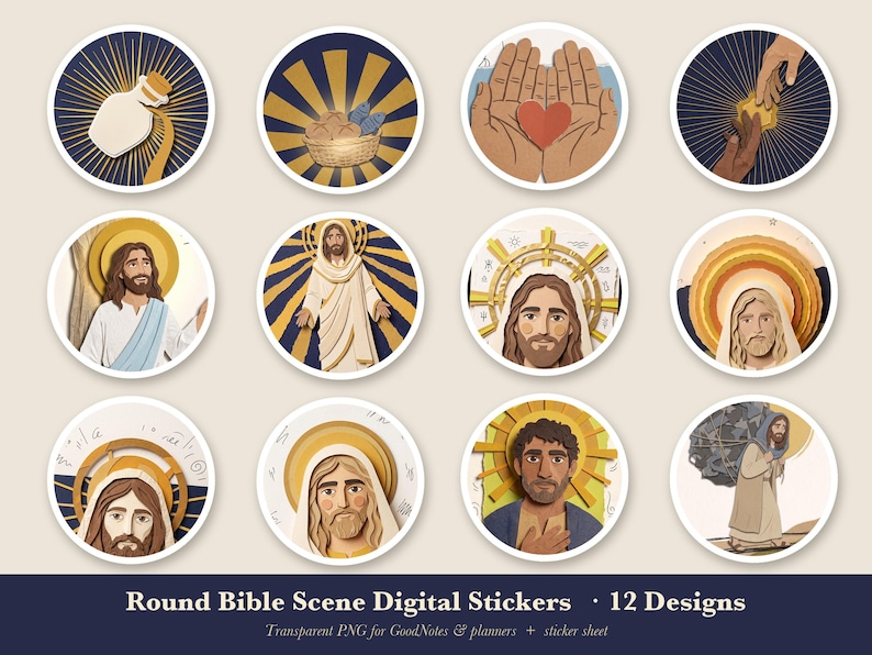 Christian Digital Stickers GoodNotes, 12 Round Bible Scene Planner Stickers, Jesus Faith Journal PNG, Transparent, Instant Download image 1
