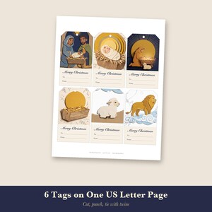 Printable Christmas Gift Tags, Christian Nativity Tags, Paper Collage Lamb Lion Manger, To From Tags, Religious Holiday Instant Download image 2