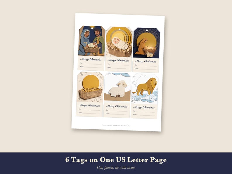 Printable Christmas Gift Tags, Christian Nativity Tags, Paper Collage Lamb Lion Manger, To From Tags, Religious Holiday Instant Download image 2