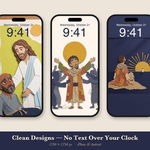 Pakket met genezende telefoonachtergronden, 6 iPhone-achtergronden met Jezus die geneest, christelijk vergrendelscherm, papieren collage met geloofsscènes uit de Bijbel, direct te downloaden. afbeelding 3