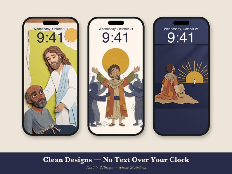 Pakket met genezende telefoonachtergronden, 6 iPhone-achtergronden met Jezus die geneest, christelijk vergrendelscherm, papieren collage met geloofsscènes uit de Bijbel, direct te downloaden. afbeelding 3