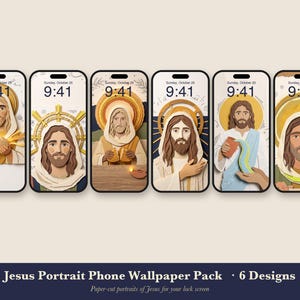 May include: A digital collection of six smartphone wallpapers featuring paper-cut style portraits of Jesus. Each screen displays the time 9:41 and the date Sunday, October 25. The text at the bottom reads Jesus Portrait Phone Wallpaper Pack.
