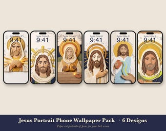 Jesus Phone Wallpaper Pack, 6 Christian iPhone Backgrounds, Jesus Portrait Lock Screen, Paper Collage Bible Art, Instant Download