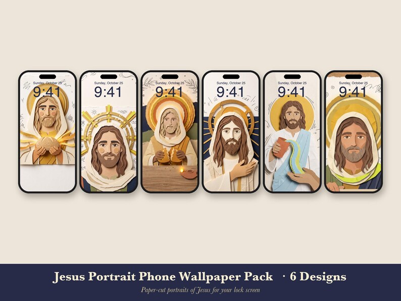 Jesus Phone Wallpaper Pack, 6 Christian iPhone Backgrounds, Jesus Portrait Lock Screen, Paper Collage Bible Art, Instant Download image 1
