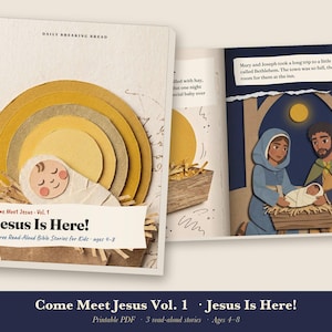 May include: A children's book titled Come Meet Jesus Vol. 1 Jesus Is Here! featuring a paper-cut style illustration of a baby in a manger with yellow circular layers. The open book shows an illustration of Mary, Joseph, and the baby.