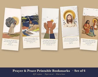 Prayer Bookmarks Printable Set of 6, Christian Bible Verse Bookmark, Peace Scripture, Gethsemane Mary Martha, Instant Download