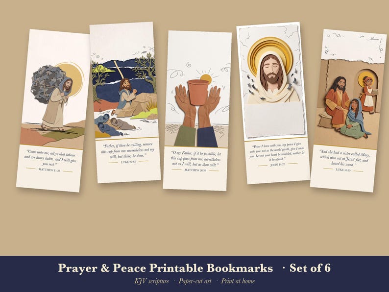Prayer Bookmarks Printable Set of 6, Christian Bible Verse Bookmark, Peace Scripture, Gethsemane Mary Martha, Instant Download image 1