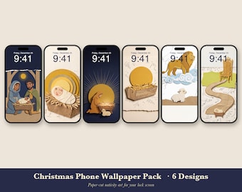 May include: A set of six digital phone wallpapers featuring paper-cut style nativity scenes. Designs include the holy family, a manger, a star, a lion, a lamb, and a path leading to a chair, all displaying the time 9:41 and Friday, December 25.