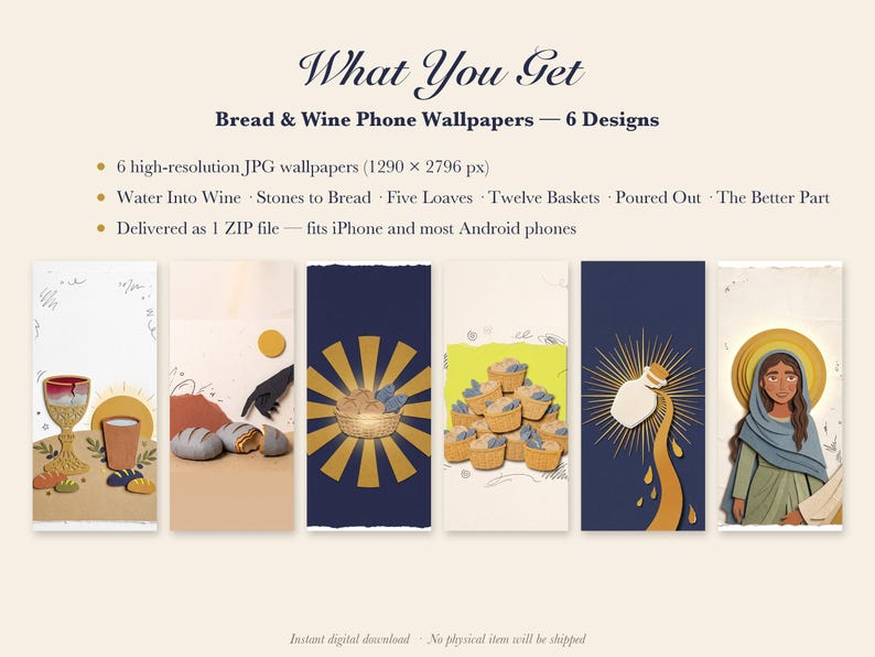 Bread & Wine Phone Wallpaper Pack, 6 Jesus Table iPhone Backgrounds, Christian Lock Screen, Bible Scene Paper Collage Instant Download image 4