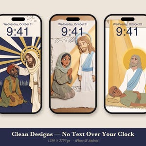 Pakket met genezende telefoonachtergronden, 6 iPhone-achtergronden met Jezus die geneest, christelijk vergrendelscherm, papieren collage met geloofsscènes uit de Bijbel, direct te downloaden. afbeelding 2