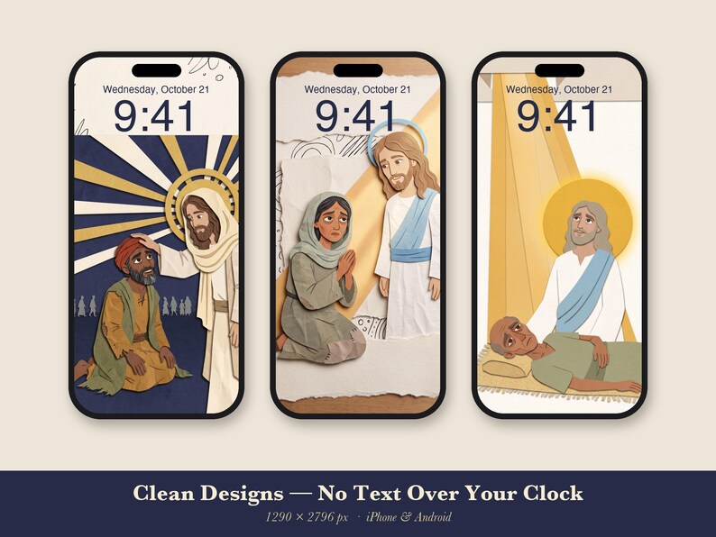Pakket met genezende telefoonachtergronden, 6 iPhone-achtergronden met Jezus die geneest, christelijk vergrendelscherm, papieren collage met geloofsscènes uit de Bijbel, direct te downloaden. afbeelding 2