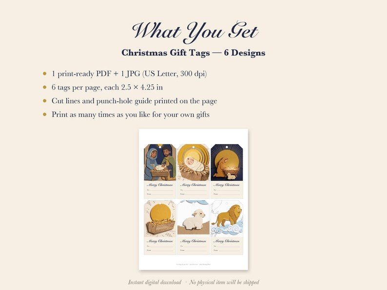 Printable Christmas Gift Tags, Christian Nativity Tags, Paper Collage Lamb Lion Manger, To From Tags, Religious Holiday Instant Download image 3