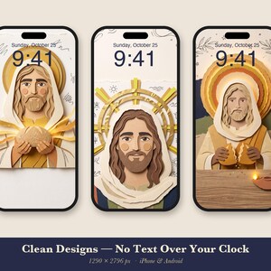 Jesus Phone Wallpaper Pack, 6 Christian iPhone Backgrounds, Jesus Portrait Lock Screen, Paper Collage Bible Art, Instant Download image 2