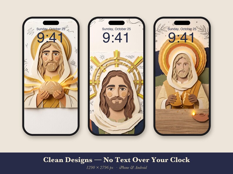 Jesus Phone Wallpaper Pack, 6 Christian iPhone Backgrounds, Jesus Portrait Lock Screen, Paper Collage Bible Art, Instant Download image 2