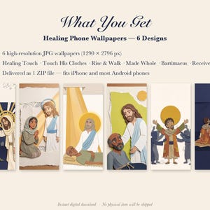 Pakket met genezende telefoonachtergronden, 6 iPhone-achtergronden met Jezus die geneest, christelijk vergrendelscherm, papieren collage met geloofsscènes uit de Bijbel, direct te downloaden. afbeelding 4