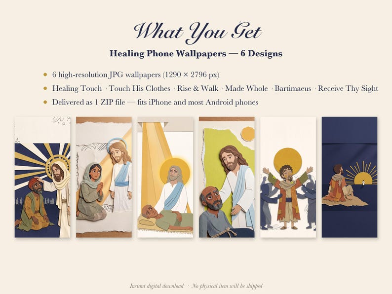 Pakket met genezende telefoonachtergronden, 6 iPhone-achtergronden met Jezus die geneest, christelijk vergrendelscherm, papieren collage met geloofsscènes uit de Bijbel, direct te downloaden. afbeelding 4