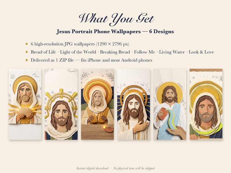 Jesus Phone Wallpaper Pack, 6 Christian iPhone Backgrounds, Jesus Portrait Lock Screen, Paper Collage Bible Art, Instant Download image 4