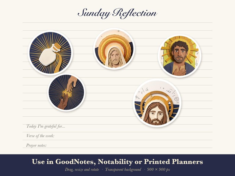 Christian Digital Stickers GoodNotes, 12 Round Bible Scene Planner Stickers, Jesus Faith Journal PNG, Transparent, Instant Download image 2