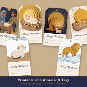 Printable Christmas Gift Tags, Christian Nativity Tags, Paper Collage Lamb Lion Manger, To From Tags, Religious Holiday Instant Download image 1