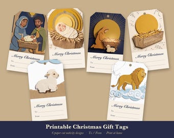 Puede incluir: Seis etiquetas de regalo rectangulares de papel con diseños de papel recortado en capas de escenas de natividad, un cordero y un león. Cada etiqueta incluye el texto Merry Christmas, To y From con líneas para escribir. Los diseños usan varios colores incluyendo azul, amarillo, marrón y crema.