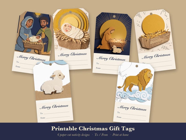 Printable Christmas Gift Tags, Christian Nativity Tags, Paper Collage Lamb Lion Manger, To From Tags, Religious Holiday Instant Download image 1