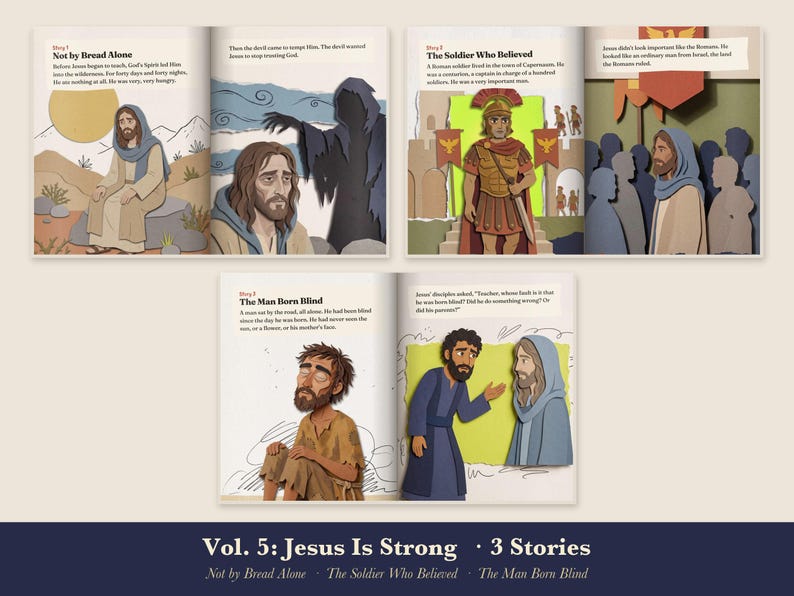 Jesus Is Strong Kids Bible Story Book Printable, Temptation of Jesus, Centurion, Man Born Blind Read Aloud PDF, Come Meet Jesus Vol 5 image 3