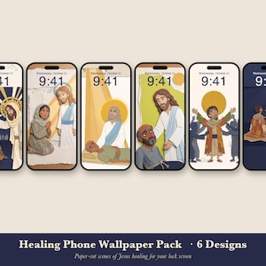 Könnte beinhalten: Sechs Smartphone-Sperrbildschirm-Hintergründe mit Scherenschnitt-Illustrationen von Jesus, der Heilungswunder vollbringt. Jedes Design zeigt die Uhrzeit 9:41 und das Datum Mittwoch, 21. Oktober. Der Text Healing Phone Wallpaper Pack 6 Designs ist unten zu sehen.