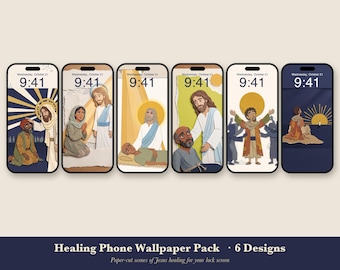 Puede incluir: Seis fondos de pantalla para smartphone con ilustraciones de estilo papel recortado de Jesús realizando milagros de sanación. Cada diseño muestra la hora 9:41 y la fecha miércoles 21 de octubre. El texto Healing Phone Wallpaper Pack 6 Designs aparece debajo.