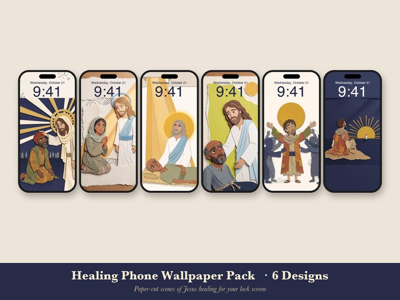 Pakket met genezende telefoonachtergronden, 6 iPhone-achtergronden met Jezus die geneest, christelijk vergrendelscherm, papieren collage met geloofsscènes uit de Bijbel, direct te downloaden. afbeelding 1