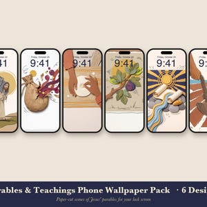 Handy-Hintergrundbilder-Paket mit Gleichnissen, 6 iPhone-Hintergründe mit Jesus' Lehren, christlicher Sperrbildschirm, Papiercollage mit biblischen Gleichnissen zum sofortigen Download