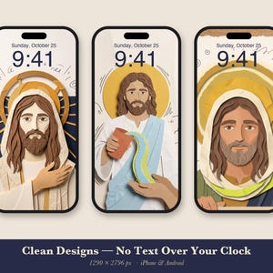 Jesus Phone Wallpaper Pack, 6 Christian iPhone Backgrounds, Jesus Portrait Lock Screen, Paper Collage Bible Art, Instant Download image 3