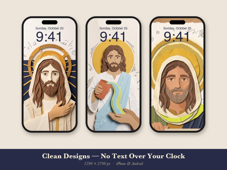 Jesus Phone Wallpaper Pack, 6 Christian iPhone Backgrounds, Jesus Portrait Lock Screen, Paper Collage Bible Art, Instant Download image 3