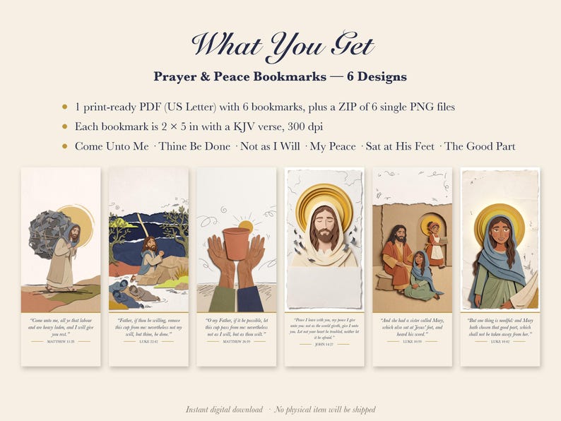 Prayer Bookmarks Printable Set of 6, Christian Bible Verse Bookmark, Peace Scripture, Gethsemane Mary Martha, Instant Download image 3