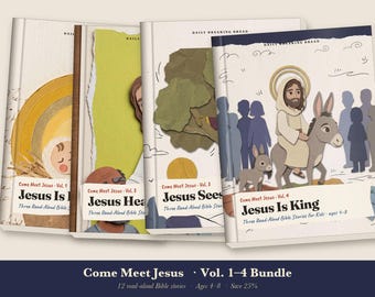 Kids Bible Story Book Bundle Printable, 12 Read Aloud Bible Stories for Children PDF, Christmas to Easter, Sunday School, Vol 1-4