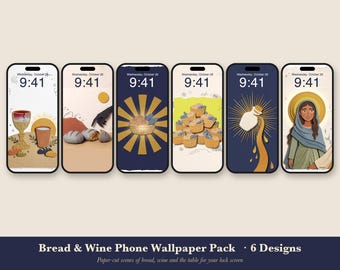 Bread & Wine Phone Wallpaper Pack, 6 Jesus Table iPhone Backgrounds, Christian Lock Screen, Bible Scene Paper Collage Instant Download