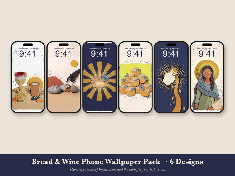 Bread & Wine Phone Wallpaper Pack, 6 Jesus Table iPhone Backgrounds, Christian Lock Screen, Bible Scene Paper Collage Instant Download image 1