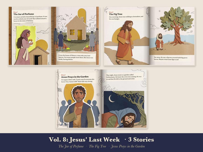 Holy Week Bible Story Book for Kids Printable, Gethsemane, Jar of Perfume, Fig Tree Read Aloud PDF, Easter Prep, Come Meet Jesus Vol 8 image 3