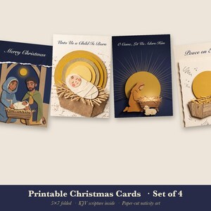 Könnte beinhalten: Ein Set aus vier gefalteten Weihnachtskarten mit Krippenszenen. Die Karten zeigen Illustrationen im Scherenschnitt-Stil der heiligen Familie, einer Krippe und eines Sterns, mit den Texten Merry Christmas, Unto Us a Child Is Born, O Come, Let Us Adore Him und Peace on Earth.