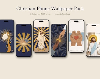 May include: Six digital phone wallpapers featuring Christian themes in a paper-cut style. The designs include a pouring oil jar, a basket of loaves and fish, Jesus with a halo, hands sharing bread, cupped hands holding a heart, and Jesus standing.