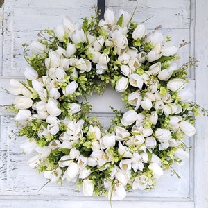 Cream Spring Tulip & Eucalyptus Wreath for Front Door | Wedding Decor | Year Round Tulip Wreath | Easter Wreath | Summer Wreath